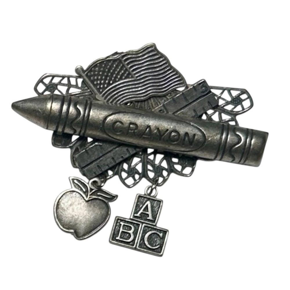 Vintage Teacher-Themed Brooch Pin School Supplies Lapel Pin Silver Tone